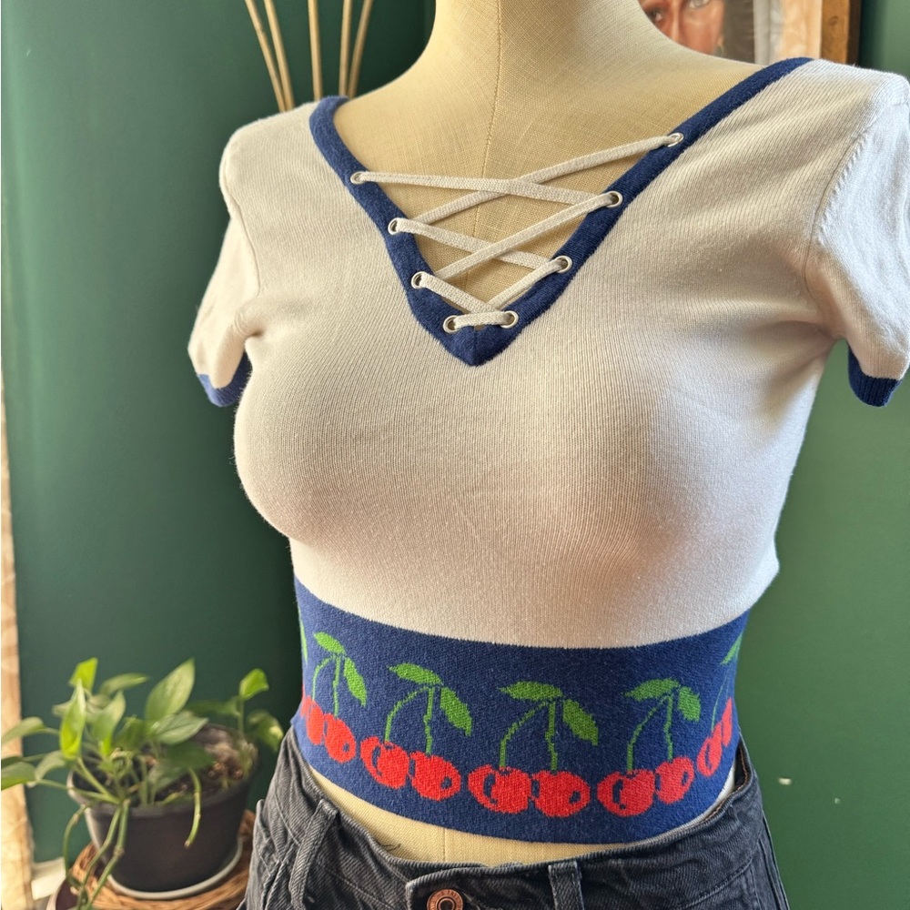 Urban Outfitters White and Blue Cherry Crop Top